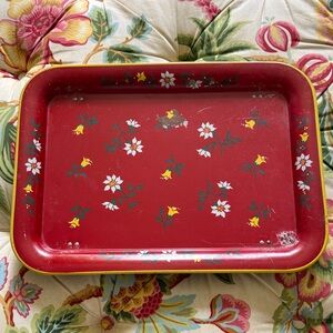 Mid century modern tole painted floral tray with stand. Vintage red